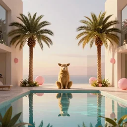 indoor liminal space, golden light, peter tarka, palm trees, pink orbs, minimalistic, hyperrealistic surrealism, award winning masterpiece with incredible details, epic stunning, infinity pool mirrors, a surreal vaporwave liminal space with mirrors, highly detailed, trending on artstation, artgerm and greg rutkowski and alphonse mucha, daily deviation