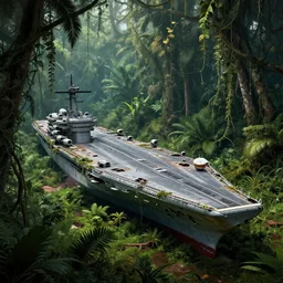 decayed aircraft carrier USS Nimitz laying on the ground overgrown with vegetation and hanging vines, post appocalyptic, tropical forest, by Luis Royo, by Greg Rutkowski, dark, gritty, intricate, cover illustration, concept art, volumetric lighting, volumetric atmosphere, sharp focus, octane render, trending on artstation, 8k