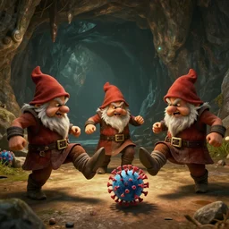 three dwarves from the game deep rock galactic angrily kicking a coronavirus on the floor in the caves of hoxxes iv, unreal engine 4, fanmade deep rock galactic video, 4 k, hdr, dramatic lighting,