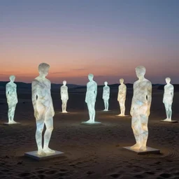 simplicity, high exposure desert at dusk, glowing marble modern sculptures of people everywhere, ethereal, by miles johnston, by william godward, by moebius, by simon stalenhag, by gustave dore, by andrew jones, by pekka halonen, by beeple, beautiful lighting, prismatic, masterpiece