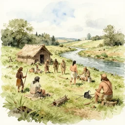 watercolor concept sketch of a neolithic tribe living near a riverbank in neolithic england