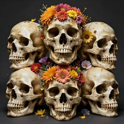 skulls covered in flowers art by wayne barlowe, noah bradley, patrick woodroffe, dariusz zawadzki. extremely high details, realistic, masterpiece, artstation contest winner