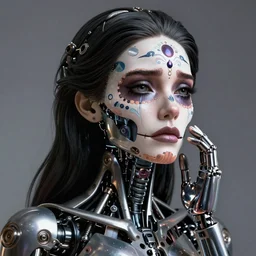 beautiful crying female android! deity, ( mechanical ), intricate, elegant, super highly detailed, global illumination, digital painting, concept art, ( el dia los muertos ), smooth, blade runner, sharp focus, photorealism, hd, 8 k, beautiful, cinematic, art by kuciara and moebius and rutkowski and artgerm and mucha and loish and wlop