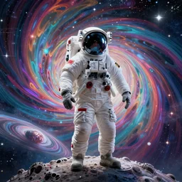 - an astronaut standing on the edge of the universe trying to make sense of the world with psychedelic backgrounds, 4 k, trending on artstation, renaissance