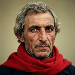 portrait of president william henry harrison as afghan man, green eyes and red scarf looking intently, photograph by steve mccurry