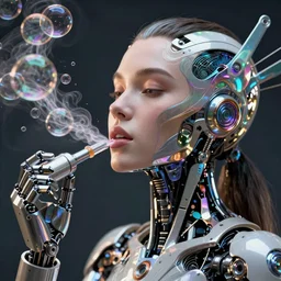 robot blows bubbles with bubble machine, female face, cyberpunk cyborg, sci - fi, intricate abstract upper body intricate artwork, by tooth wu, wlop, beeple, dan mumford. concept art, octane render, deviantart, greg rutkowski, cinematic arthouse, key art, hyper realism, iridescent accents