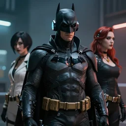 Batman. A beautiful cyberpunk killer in a cyberpunk headset and tactical gear. In the style of Mobius and Lori Grizzly