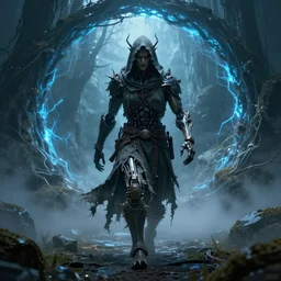 character and environment design, ( ( biomechanical ) ) druid walking through a magic portal to another world, tattered!!! robe and hood, blue light, fog, scary, arrogant, hostile, photorealistic, cinematic, hyper realistic, octane render, 8 k, wide angle