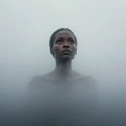 black woman's head rising out of thick fog, halfway submerged, her head has 8 eyes, looking into the sky, zdzislaw beksinski, wayne barlowe
