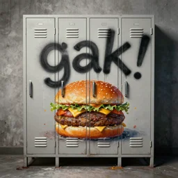 [ [ gak ] ] locker, a greasy cheeseburger locker with the word'gak '!! spray painted across the doors. 3 d rendering by beeple, painting by glenn fabry, 8 k, hyperreal, basement