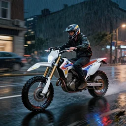 futuristic drz 4 0 0 s time machine at night in the rain driving on the a city street by greg rutowski, by stanley artgerm, by alphonse mucha