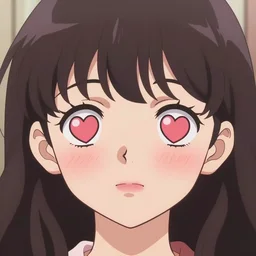 anime girl with hearts in her eyes blushing looking straight forward, close up portrait.