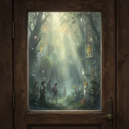 an old door made in wood, a view to an eerie fantasy world, matte painting, ethereal back light, mist, coherent composition, detailed fantasy painting by artgerm, noriyoshi ohrai, yuumei, stephen bliss, unreal engine, fantasy art by greg rutkowski, loish, rhads, ferdinand knab, makoto shinkai, lois van baarle, ilya kuvshinov, rossdraws, tom bagshaw, alphonse mucha, global illumination, radiant light, detailed and intricate environment