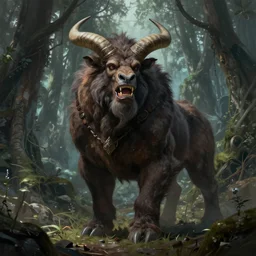 a ferocious minotaur in a mysterious forest, fantasy, intricate, highly detailed, digital painting, artstation, concept art, sharp focus, illustration, cinematic, masterpiece