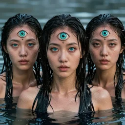 godesses, three eyed, hairy bodies, third eye in middle of forehead, wide shot, hairy bodies, in water, colors, eye in forehead, pins, very detailed, wet eyes reflecting into eyes reflecting into  infinity