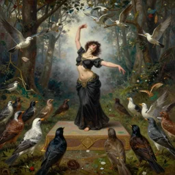 a bellydancer dances on an altar in the middle of the forest, a multitude of birds gathers around her in praise, a painting by john william waterhouse, by John William Godward, by austin osman spare, symbolist painting, mist, volumetric render, digital painting, detailed painting, occult, sharp focus, intrincate details, all inside frame