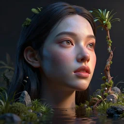 mysterious beautiful female face portrait looking askew. trending on artstation. photoshop octane blender 3 dsmax render. nvidia demo. amd demo. graphics. raytracing. reflection. rule - of - thirds. harsh lighting. aesthetic. inventive. artful colors. inventive framing. creative subject positions. gorgeous lighting. intriguing scenery. fascinating scenario.