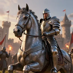 peter the first on battle horse with incrustiated armor with high detail in universe of heroes of might and magic, gorgeous, high detail, cinema 4 d, beautiful, battle, magic, fantasy, war, castle, battle, flags, imperial russia, sunset, lights, trending on artstation, close - up