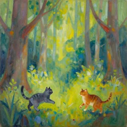 cats playing in a fantastic forest, abstract painting by alfred pellan