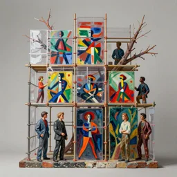 scaffolding sculpture with branches and twigs, plexiglas covers, painting by yves tanguy, sculpted by david smith, painting by kay sage, by nate boyce, digital sculpture, by tyler edlin and jean delville, by john berkey and filip hodas, highly detailed, soft lighting, rendered in octane, by roger dean, by dean ellis, oil on canvas, cinematic lighting, vibrant