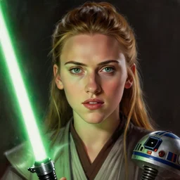 head and shoulders portrait of a female knight, jedi, young scarlett johansson, star wars, jedi robes, green lightsaber, droid, by ralph mcquarrie, face detail, concept art painting