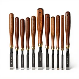 lacquered chisel set, commercial catalog photo, isolated on a pure white background, centered, entire object in frame, sharp focus, soft studio lighting