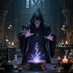 dark wizard casting spell, alchemist lab, hyperrealistic, cinematic atmosphere, high definition, epic