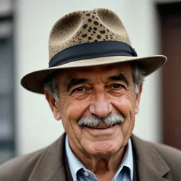 1970s color photograph of a smiling old Italian man with a mustache wearing a fedora with a cheetah