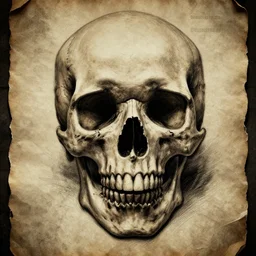 drawing of a skull on old torn paper, dramatic lighting, ultra detail, creepy, book cover