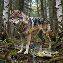 chimera made of a wolf and a crocodile, awarded on pixiv, trending on deviantart, realistic birch wood swamp, professional photoshop utilizing real life photos