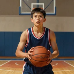 portrait of a boy at a basketball court playing basketball wearing a basketball jersey in a basketball court standing near the basketball hoop, intense emotion, detailed facial expression, detailed surroundings, intricate, elegant, highly detailed, centered, digital painting, artstation, concept art, smooth, sharp focus, illustration, by Leonardo da Vinci, WLOP