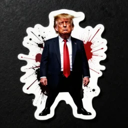 die cut sticker, absurdist trump as a black metal band member, splatter paint