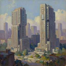 Brutalist City, solarpunk, oil painting