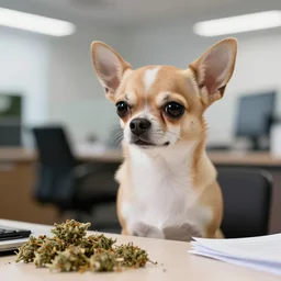 a chihuahua smoking weed in an office