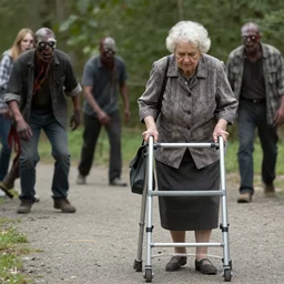 A grandma with a walker fighting off zombies