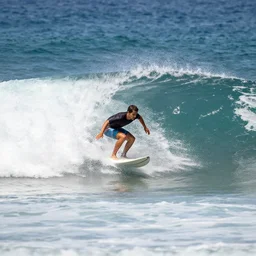 a man is surfing a big wave towards shore.