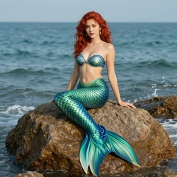 elegant mermaid lady on a rock in the ocean, green and blue scales, red hair