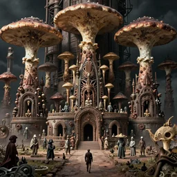 detailed ultrarealistic photography of industrial postapocalyptic organic rustic robust tribal fungi from yuggoth, craig mullins, vallejo, moebius, ian miller, wayne barlowe, greg rutkowski, mucha, brian froud, cinematic, full shot, symmetric