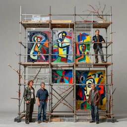 scaffolding sculpture made with steel and metal, branches and twigs, plexiglas sheet, painting by yves tanguy, sculpted by david smith, painting by kay sage, by nate boyce, digital sculpture, by tyler edlin and jean delville, by john berkey and filip hodas, highly detailed, soft lighting, rendered in octane, by roger dean, by dean ellis, oil on canvas, cinematic lighting, vibrant