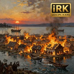 burning roman village on during an invasion with the trojan horse, burning houses, lake view, old ships, sunset, dramatic, turbulent water, oil painting, ultra realistic, 8 k, masterpiece, award winning