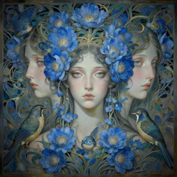 breathtaking detailed concept art painting art deco pattern of faces goddesses amalmation light - blue flowers with anxious piercing eyes and blend of flowers and birds, by hsiao - ron cheng and john james audubon, bizarre compositions, exquisite detail, extremely moody lighting, 8 k