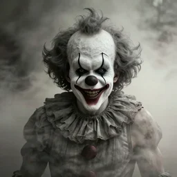 Evil clown Big smiling mouth, black round nose, spiky long hair, worn striped tank top emerging from a fog and dust. Realistic. Very textured, hyper detailed, cinematic, ambience, perfect composition, focus, dark