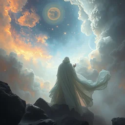 in thick flowing white robes she watches as the universe is born, full body, supersaturated nebulas, misty, ultra dramatic lighting, bright radial arcs of light, radiant stars, intricate, hyper detailed, masterpiece, beautiful painting by ruan jia, craig mullins peter mohrbacher