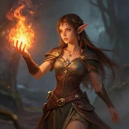 a realistic illustration of a top half of a body of a female elf casting a fire spell