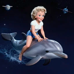 betty white riding a dolphin through space, cinematic vfx
