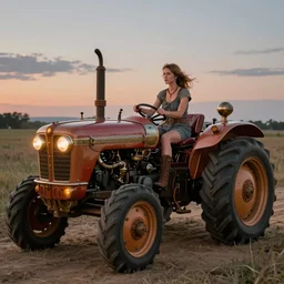 a woman driving a steampunk tractor at dusk, by syd mead and norman rockwell. highly detailed digital art. retrofuturism. beautiful lighting. trending on artstation.