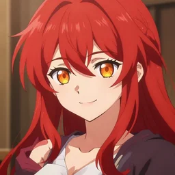 key anime visual of a girl with red hair and orange eyes, smirking, trending on Pixiv; beautiful, sharp, detailed