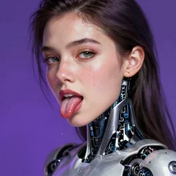 attractive female i robot sticking tongue out sensually and sweating, close - up portrait, intricate, elegant, purple volumetric lighting, scenery, digital painting, highly detailed, artstation, sharp focus, illustration, concept art, luis rollo, ruan jia, steve mccurry, john berkey