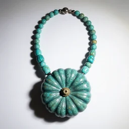 handcrafted turquoise squash blossom necklace, studio product photography, isolated on a pure white background, centered, entire object in frame, sharp focus, soft studio lighting