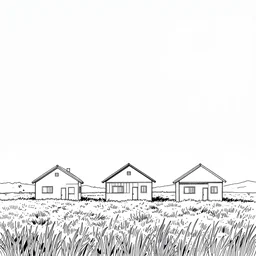 three houses stand in a field, view from sky, line drawing, no - shadow, black and white, by makoto shinkai takashi takeuchi studio ghibli, akihiko yoshida